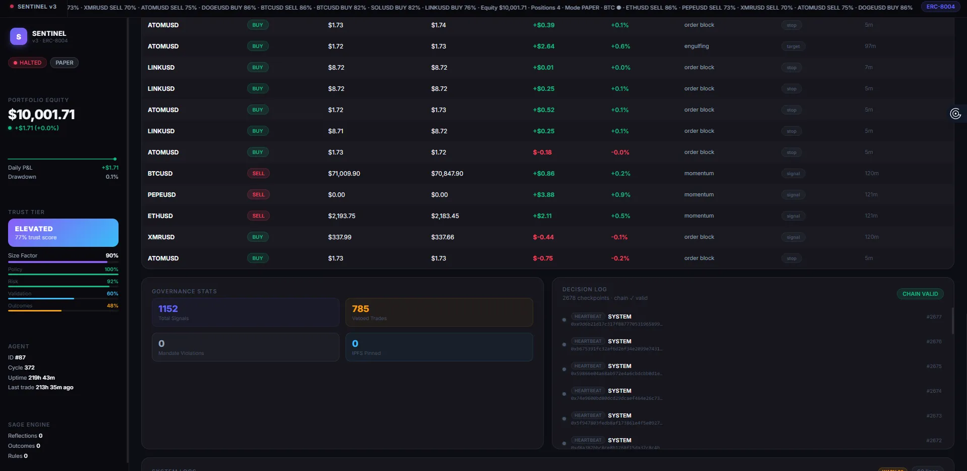 PRISM Dashboard — system logs and extended positions view